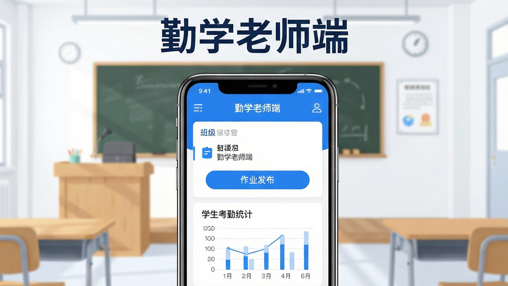 画面中央一部智能手机,屏幕上显示“勤学老师端”应用界面,界面包含班级列表、作业发布按钮、学生考勤统计图表。背景为干净明亮的教室环境,黑板前有一张整洁的讲台。整体布局采用上下结构,上方为软件标题“勤学老师端”,下方为功能模块图标。风格为现代扁平化设计,色彩以蓝白为主。细节包括手机边缘的高光、界面内的小图标清晰可见。画质高清,干净,无多余元素。
