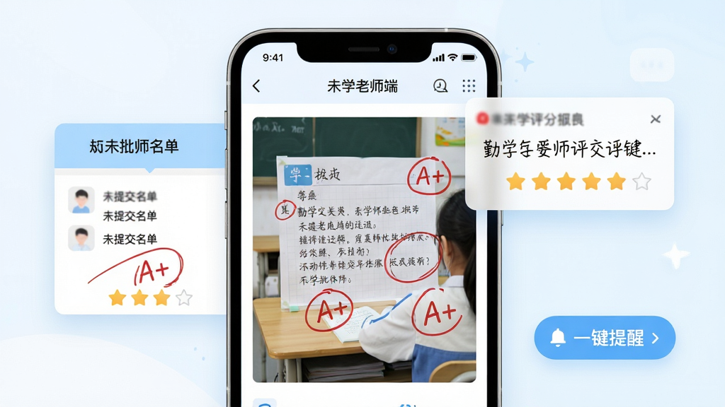 画面展示“勤学老师端”作业批改界面,主体为手机屏幕,屏幕上显示学生提交的作业图片,上面有红色批注圈和评分“A+”。布局为手机居中,周围漂浮着“未提交名单”弹窗和“一键提醒”按钮。风格为清新教育风,色彩以白色和浅蓝色为主,红色批注醒目。细节包括手写体评语、小星星评分图标。画质高清,干净,无多余元素。