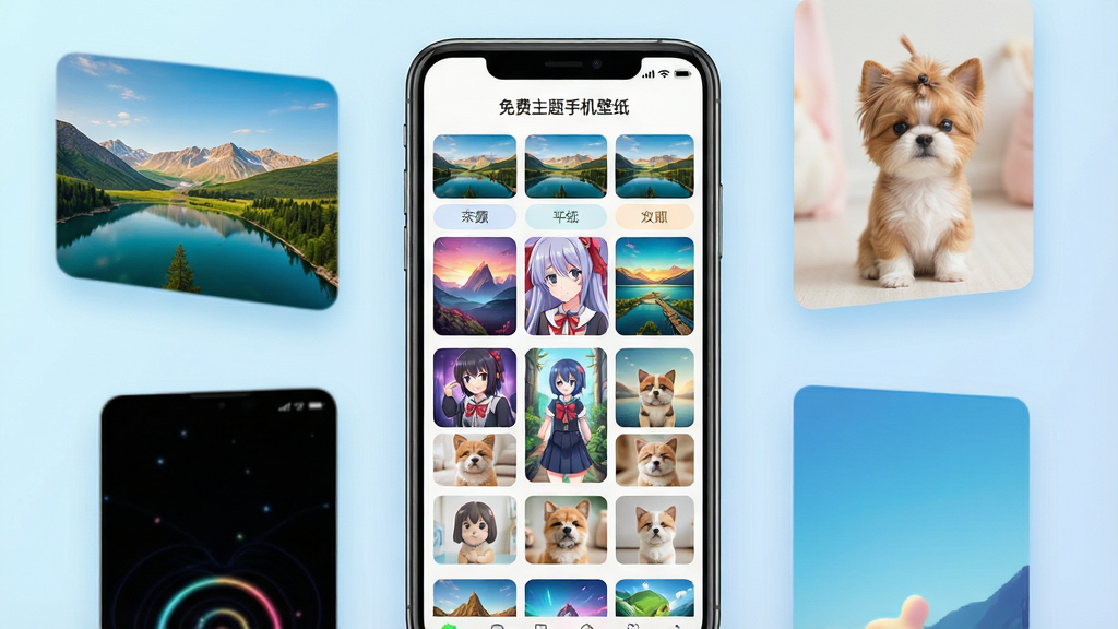 一张展示智能手机屏幕的图片,屏幕中央显示着“免费主题手机壁纸”软件的主界面,界面布局为网格状壁纸缩略图,包含风景、动漫、萌宠等分类标签,色彩鲜艳明亮,手机周围环绕着几张放大的精美壁纸卡片,背景为柔和的浅蓝色渐变,整体风格清新干净,画质高清,无多余元素