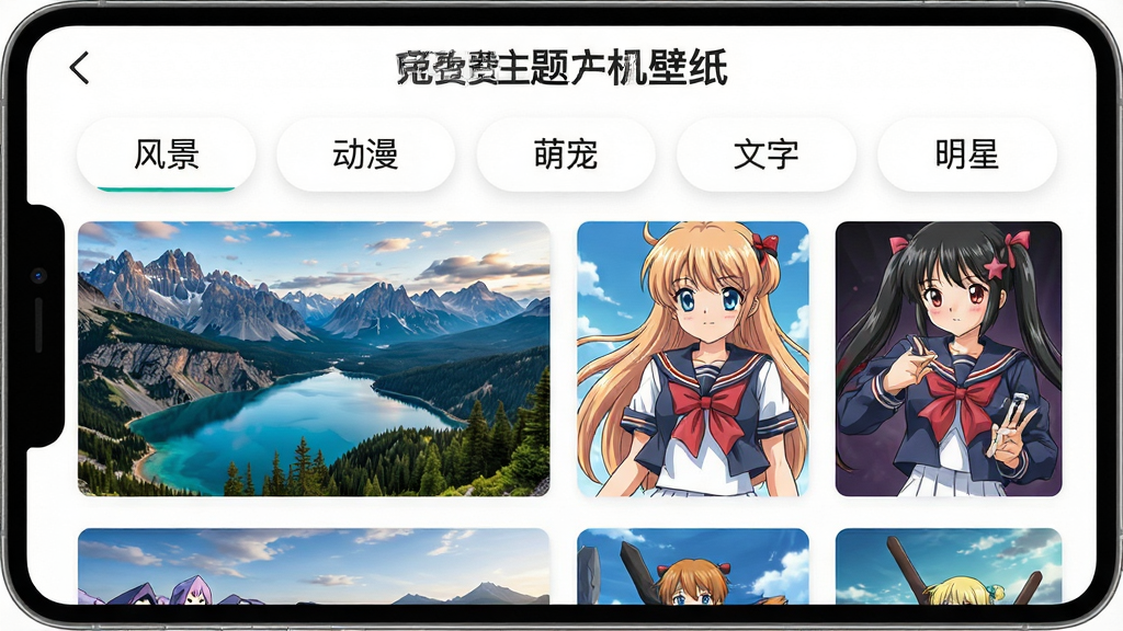 一张展示“免费主题手机壁纸”软件内部分类页面的图片,页面顶部有“风景”“动漫”“萌宠”“文字”“明星”等分类标签,下方展示着对应分类的壁纸缩略图,例如风景分类下是壮丽的山川湖海,动漫分类下是热门动漫角色,整体排版整齐,风格清新,画质高清,无多余元素