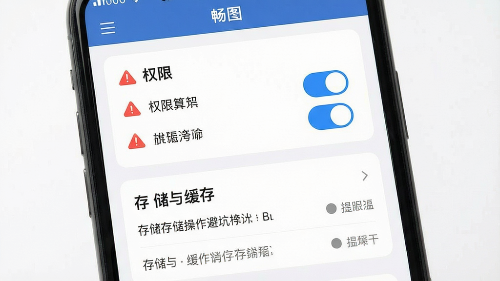 一张展示畅图移动端操作避坑要点的预览图,画面主体为手机屏幕显示“畅图”软件设置界面,布局采用上下结构,上方为权限开关,下方为存储与缓存选项,排版清晰,风格为实用工具风,细节包含红色警示图标、蓝色优化提示与灰色温馨提示,画质清晰干净,无多余元素