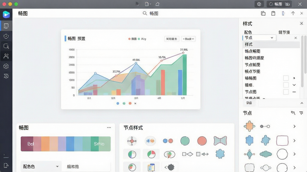一张展示畅图主题样式功能的预览图,画面主体为“畅图”软件界面中的样式设置面板,布局采用上下结构,上方为图表预览,下方为配色与节点样式选项,排版整齐,风格为清新浅色系,细节包含色块、字体列表与节点形状,画质清晰干净,无多余元素