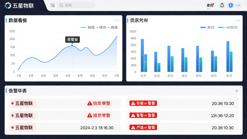 主体是“五星物联”应用的数据看板页面,布局为上方图表下方告警列表,排版层次分明,风格为清爽商务风,细节包含折线图、柱状图、红色告警标签、时间戳,画质高清、干净、无多余元素