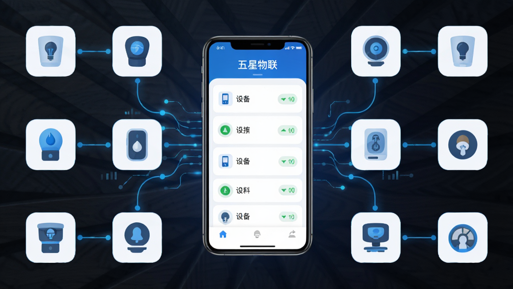 主体是一部智能手机放在桌面中央,屏幕显示“五星物联”应用界面,界面中有设备列表和连接状态图标,布局为手机居中、周围环绕智能家居设备图标,排版简洁对称,风格为现代科技感扁平化设计,细节包含蓝色光效线条、设备连接节点、数据流动纹理,画质高清、干净、无多余元素