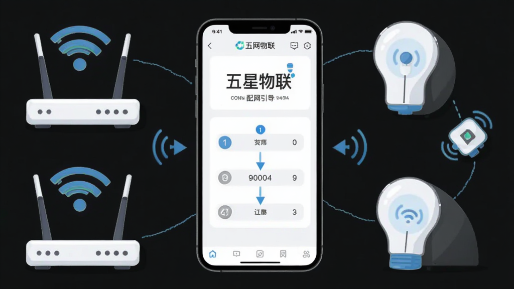 主体是手机屏幕显示“五星物联”应用的配网引导页面,布局为手机居中、周围有路由器与智能设备图标,排版简洁明了,风格为扁平化插画风,细节包含Wi-Fi信号波纹、连接箭头、步骤序号,画质高清、干净、无多余元素