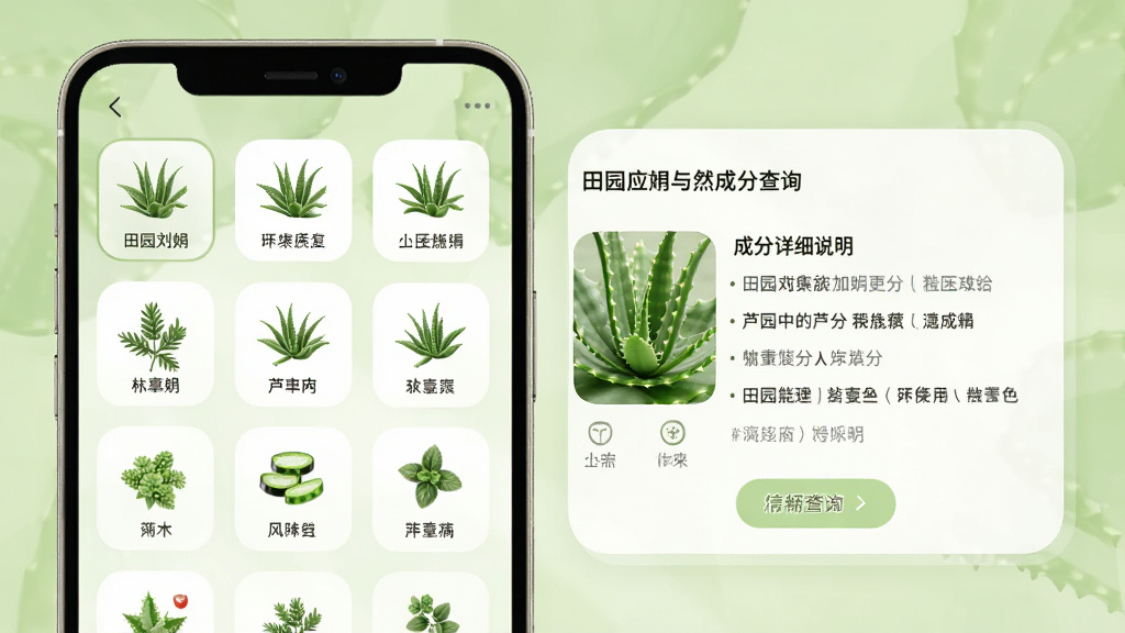 田园刘娟应用内天然成分查询页面,左侧是植物图标列表,右侧显示芦荟成分详细说明卡片,界面采用浅绿色调,圆角卡片设计,画面清晰干净,手机界面展示,高清画质