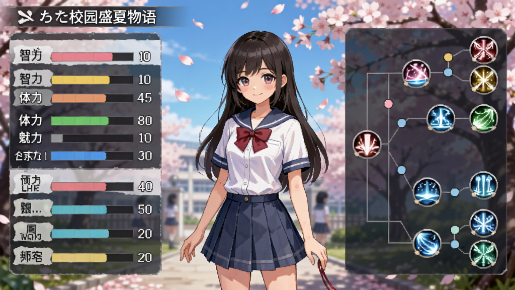 主体为樱花校园盛夏物语角色属性面板,布局为中央显示角色立绘,排版为左侧属性条右侧技能树,风格为日系RPG界面风格,细节包括智力体力魅力等数值条、角色穿着夏季校服、背景有樱花飘落,画质为高清、干净、无多余元素