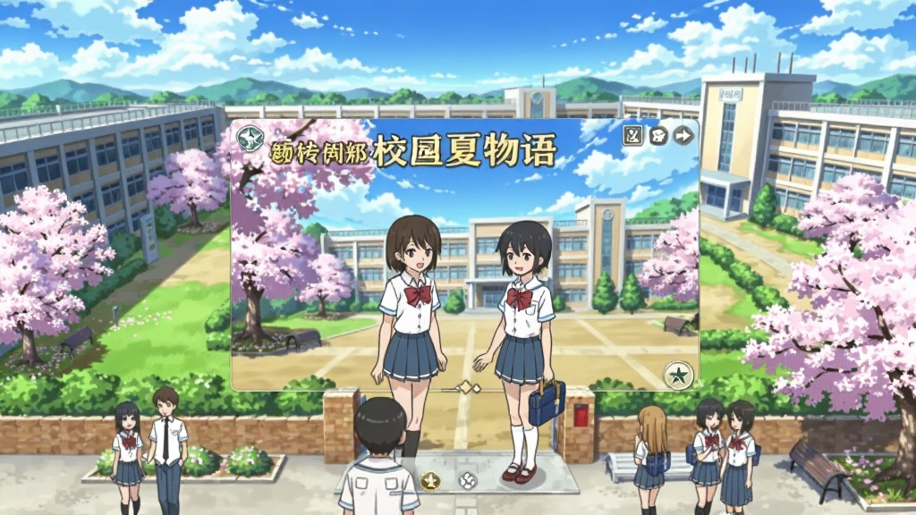 主体为樱花校园盛夏物语游戏场景,布局为校园全景俯瞰视角,排版为中央展示游戏主界面与角色互动画面,风格为日系动漫清新风格,细节包括盛开的樱花树、身穿夏季校服的学生、蓝天白云与教学楼,画质为高清细腻、色彩明亮、干净无多余元素