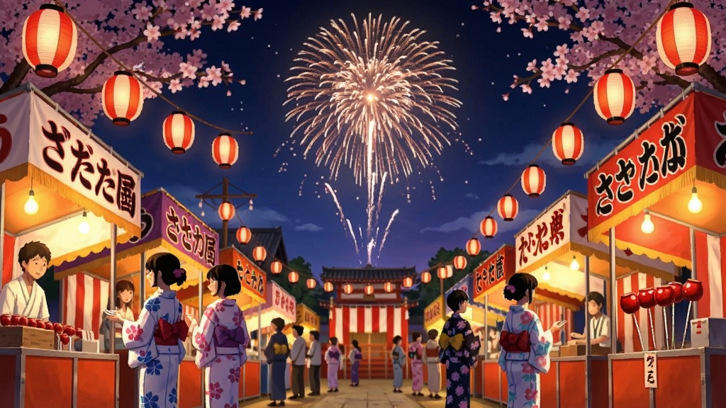 主体为樱花校园盛夏物语夏日祭典场景,布局为夜晚庙会全景,排版为中央烟花绽放两侧摊位林立,风格为日系夏日祭风格,细节包括身穿浴衣的学生、红色灯笼、夜空烟花、苹果糖摊位,画质为高清、干净、无多余元素