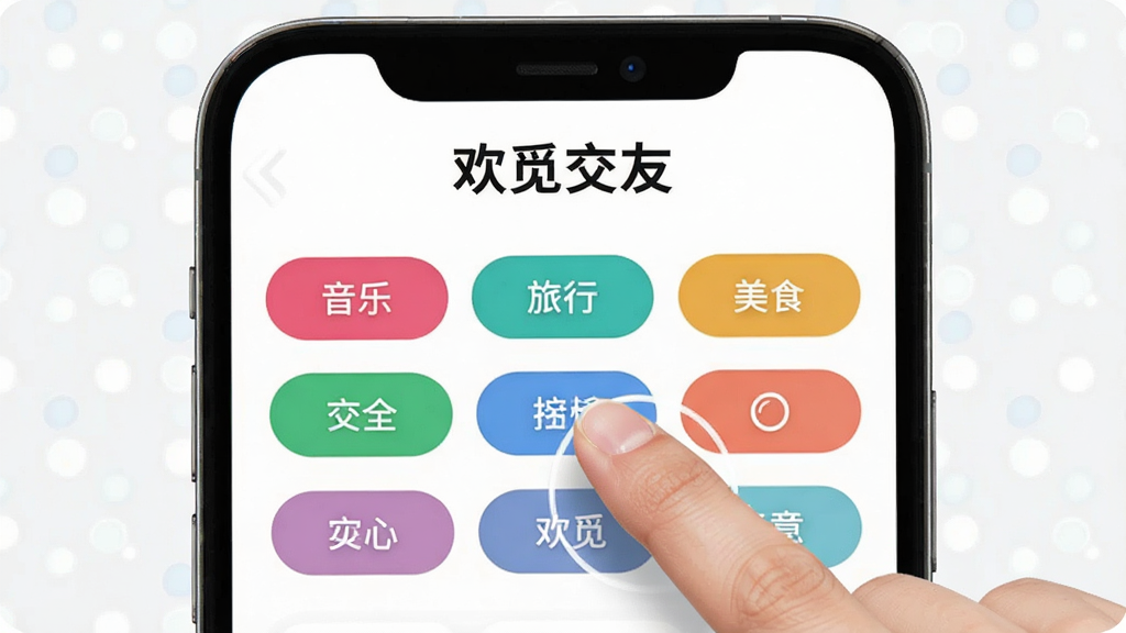 欢觅交友兴趣标签选择页面,画面中有多个彩色标签按钮如“音乐”“旅行”“美食”,用户手指正在点选,顶部有“欢觅交友”字样,背景干净清爽,排版整齐,画质清晰,无多余元素