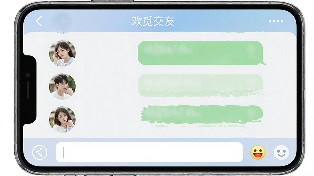 手机聊天界面展示欢觅交友消息列表,左侧是用户头像,右侧是聊天气泡,顶部显示“欢觅交友”名称,底部有输入框和表情按钮,界面整洁,配色柔和,画质干净,无多余元素