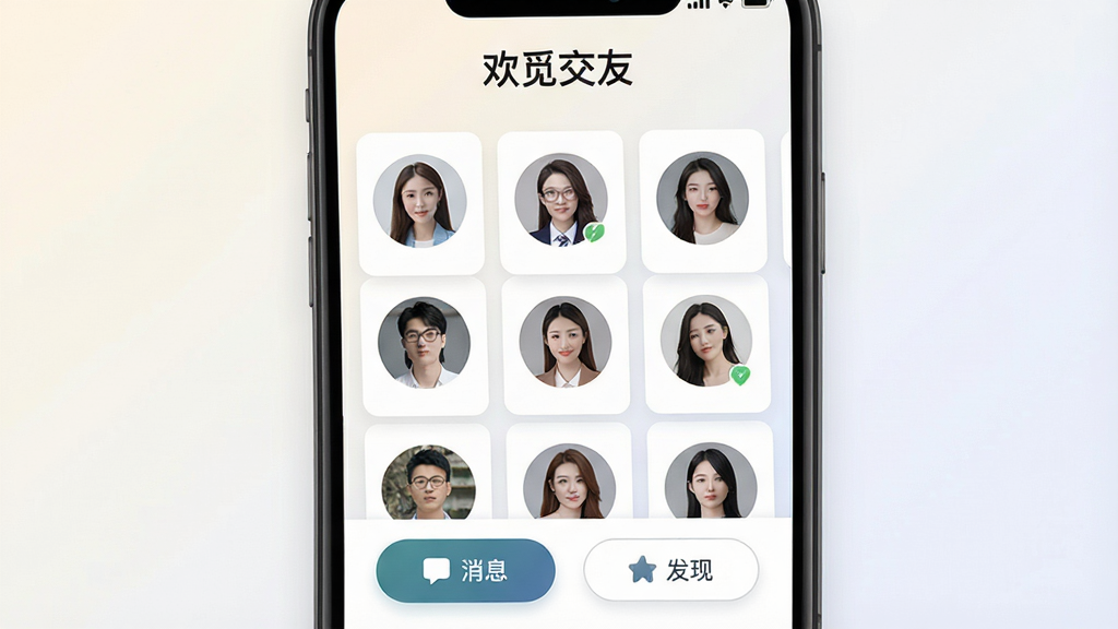 一张手机屏幕展示欢觅交友软件交友大厅界面,画面中央是多个用户头像卡片整齐排列,顶部有“欢觅交友”文字标识,底部是消息与发现按钮,背景为浅色渐变,风格简洁现代,细节清晰,画质干净,无多余元素