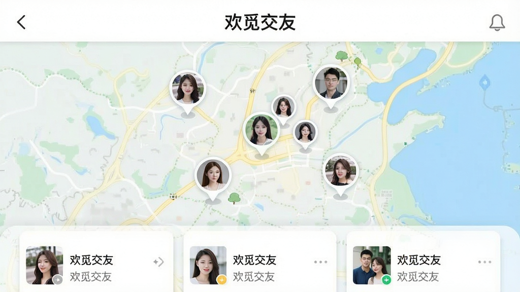 欢觅交友同城页面地图上显示多个用户头像标记,顶部有“欢觅交友”文字,底部是用户卡片列表,画面风格清新,布局合理,细节清楚,画质干净,无多余元素