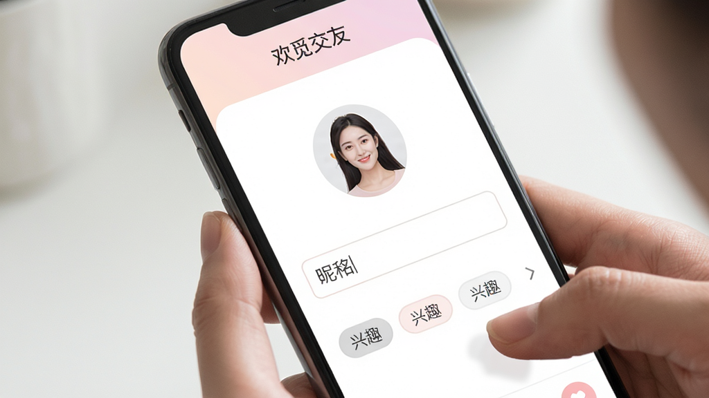 手机画面中一位用户正在填写个人资料,屏幕上方显示“欢觅交友”名称,下方有头像框、昵称输入框、兴趣标签选择区,整体布局清晰,风格柔和,画质干净,无多余元素