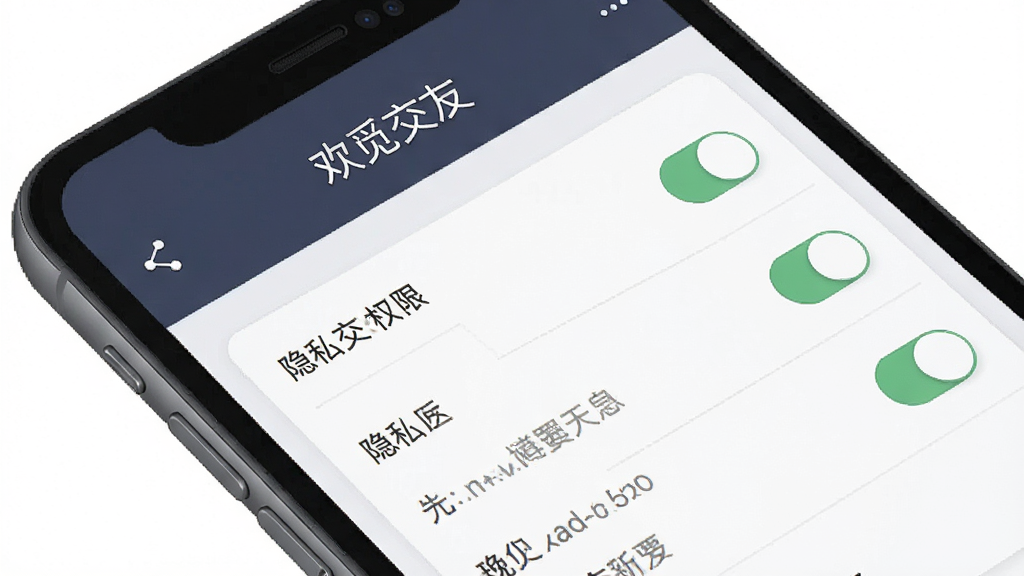 欢觅交友软件安全设置页面,手机屏幕上显示隐私权限开关列表,顶部有“欢觅交友”名称,界面简洁,配色沉稳,画质清晰,无多余元素