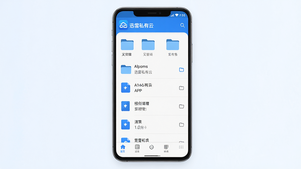一张展示迅雷私有云APP在安卓手机上运行界面的效果图,画面主体为手机屏幕显示私有云文件管理界面,包含文件夹图标、文件列表、底部导航栏,背景为简洁的浅色渐变,布局为居中手机展示,风格为清新UI设计风,细节包含迅雷私有云logo、蓝色主题色、清晰的文字标签,画质高清,画面干净,无多余元素