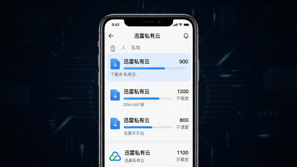一张展示迅雷私有云远程下载功能的界面示意图,画面主体为手机屏幕显示下载任务列表,进度条、文件名称、下载速度等信息清晰可见,背景为深色科技风格,布局为居中展示手机界面,风格为现代UI设计风,细节包含蓝色高亮进度条、下载箭头图标、迅雷私有云logo,画质高清,画面干净,无多余元素