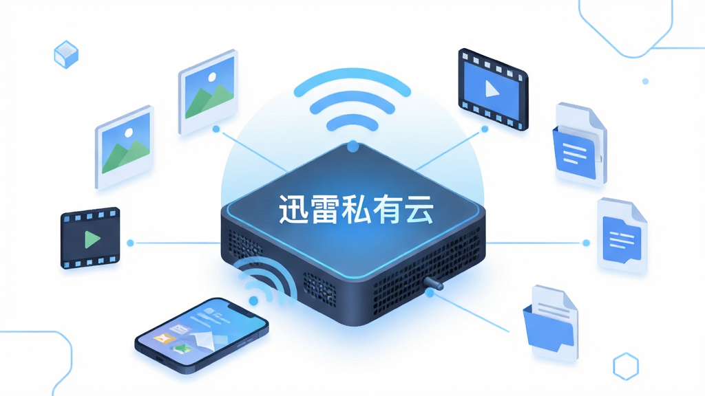 一张展示迅雷私有云核心概念的科技风格插画,画面中央是一台发光的家庭NAS设备与一部智能手机通过无线信号连接,周围环绕着照片、视频、文档等文件图标,主体突出迅雷私有云的文字标识,布局采用中心辐射式构图,风格为现代扁平化科技风,细节包含柔和的蓝色光效、简洁的几何线条、干净的白色背景,画质高清,画面干净,无多余元素