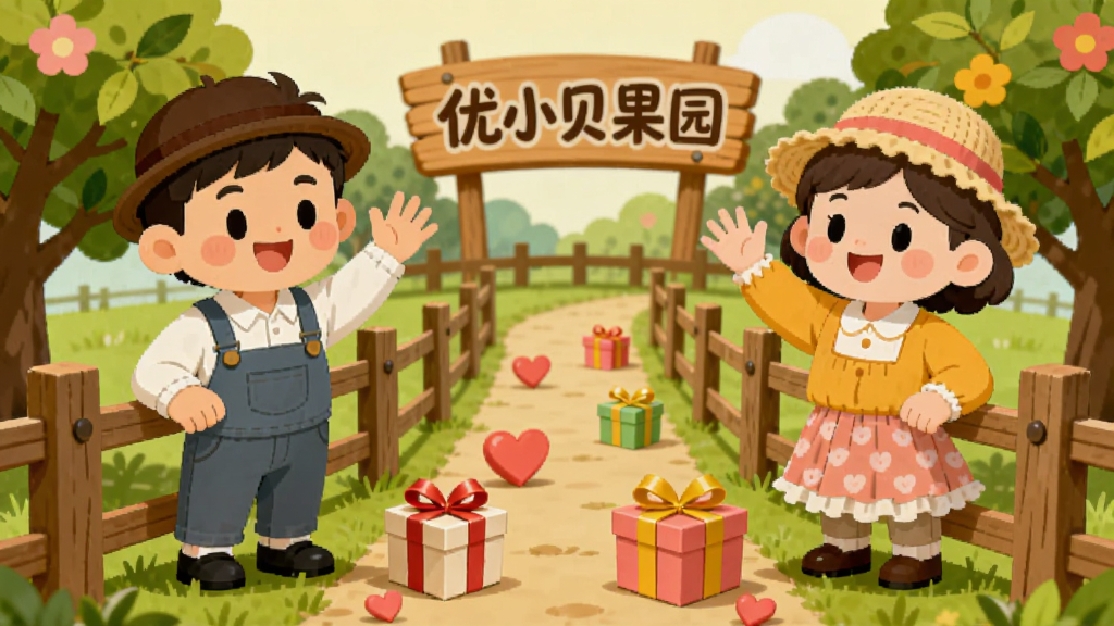 画面主体是两个卡通人物站在各自的果园围栏旁互相挥手,中间有一条小径相连,小径上散落着爱心和礼物盒,背景中可见“优小贝果园”的木质招牌。布局为左右对称的双人构图。排版风格为温馨社区风,色彩以暖黄、草绿、粉红为主。细节包括人物服饰的褶皱、围栏的木纹、礼物盒的丝带。画质要求高清、干净、无多余元素。