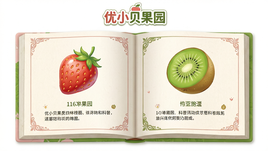 画面主体是一本摊开的电子图鉴,左侧页面显示草莓的插画和文字介绍,右侧页面显示猕猴桃的插画和文字介绍,图鉴上方悬浮着“优小贝果园”的logo。布局为左右对称的书籍展开样式。排版风格为科普绘本风,色彩以米白、淡粉、草绿为主。细节包括图鉴页面的纸张纹理、水果插画的高光、页面边缘的装饰花纹。画质要求高清、干净、无多余元素。