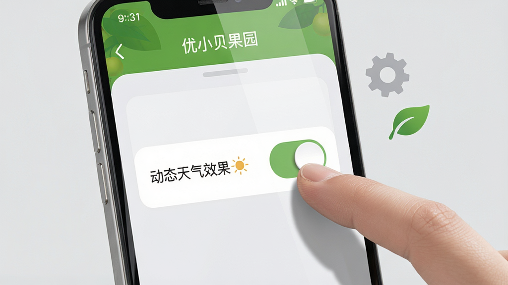 画面主体是一部手机屏幕显示优小贝果园的设置界面,界面中“动态天气效果”开关被手指点击关闭,屏幕旁边漂浮着齿轮和树叶图标,背景为浅灰色。布局为手机居中,手指从右侧伸入点击。排版风格为简洁UI展示风,色彩以白色、浅灰、草绿为主。细节包括屏幕上的反光、手指的阴影、开关的立体感。画质要求高清、干净、无多余元素,画面中文字标注“优小贝果园”。