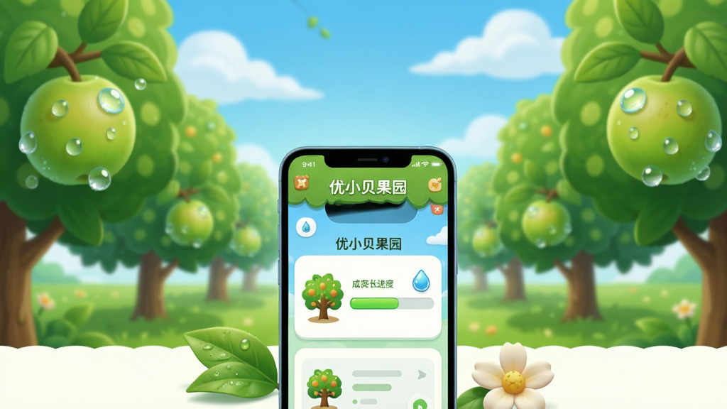 画面主体是一座生机勃勃的虚拟果园,前景摆放着一部智能手机,手机屏幕上显示着优小贝果园的应用界面,界面上有果树的成长进度条和水滴图标;背景是蓝天白云和成排的果树。布局采用中心对称构图,手机位于画面中央偏下。排版风格为清新休闲游戏风,色彩以嫩绿、天蓝为主。细节处可见果实上挂着晶莹的露珠,手机旁边散落着几片绿叶和一朵小花。画质要求高清、干净、无多余元素,画面中文字标注“优小贝果园”字样。