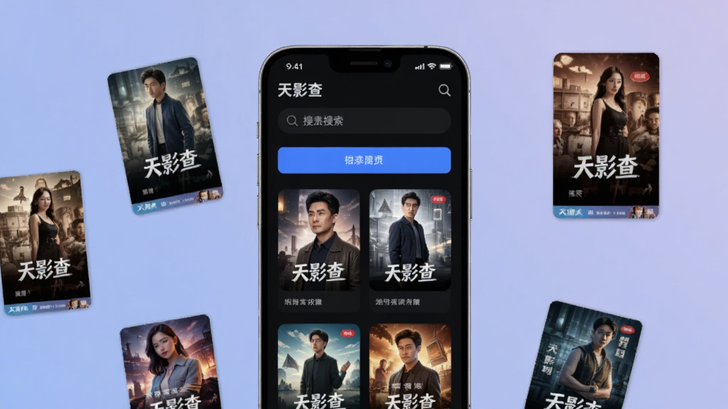 画面中央展示一部智能手机,手机屏幕上显示“天影查”软件的主界面,界面采用深色背景搭配蓝色高亮按钮,顶部有搜索框,下方排列多个短剧封面卡片。手机周围散落着几个悬浮的短剧海报缩略图,背景为柔和的渐变蓝紫色调。整体风格简洁现代,扁平化设计,画质清晰干净,无多余元素。