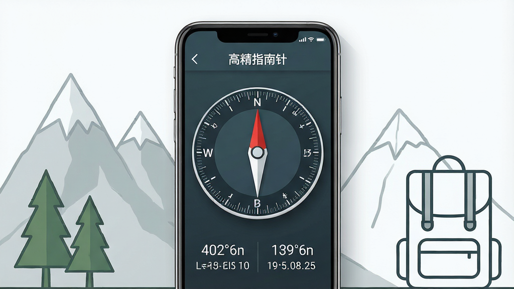 画面中央放置一部智能手机,手机屏幕显示“高精指南针”应用界面,界面中有圆形罗盘刻度盘、红色指针指向北方、下方显示方位角度数与经纬度坐标,手机周围环绕简约的户外元素如山峰、树木、背包轮廓线条,整体布局居中对称,风格为现代扁平化科技风,细节包含清晰的刻度线、数字标识与柔和阴影,画质高清,干净,无多余元素