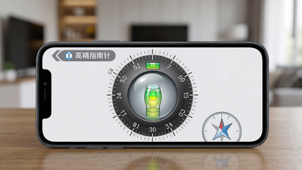 手机屏幕显示“高精指南针”应用中的水平仪界面,画面中央有圆形气泡水平仪,气泡位于中心位置,周围有角度刻度,手机平放在桌面上,背景为家居装修场景虚化,布局居中,风格为实用工具展示,细节包含气泡高光、刻度数字、屏幕质感,画质高清,干净,无多余元素