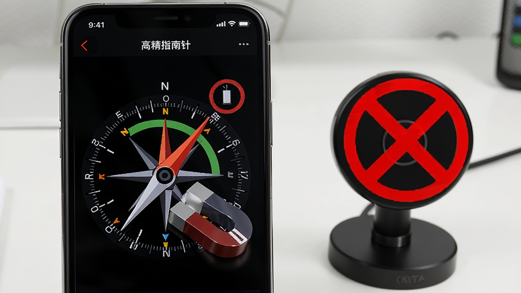 手机屏幕显示“高精指南针”应用,画面中罗盘指针因旁边放置磁铁而产生明显偏移,手机旁边有一个红色叉号标记的磁吸支架,背景为简洁的桌面,布局突出磁干扰对比,风格为警示说明图,细节包含指针偏移、磁铁图标、红色禁止符号,画质高清,干净,无多余元素