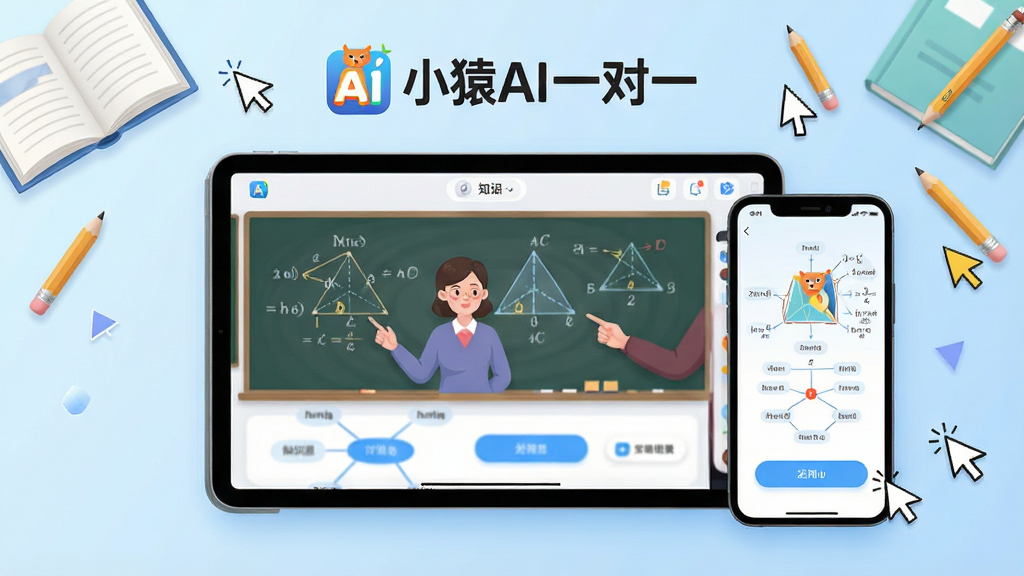 一张展示小猿AI一对一软件界面的预览图,主体为一台平板电脑和一部手机并排摆放,屏幕中显示AI老师正在讲解数学几何题,界面有清晰的知识点图谱和互动按钮;布局采用居中对称构图,背景为浅蓝色渐变;排版干净整洁,重点突出软件logo“小猿AI一对一”;风格为现代科技教育风,细节包含书本、铅笔、光标等学习元素;画质高清,干净,无多余元素