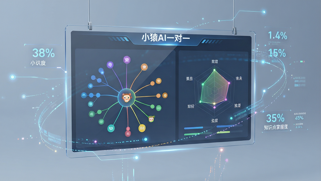 一张展示小猿AI一对一学情诊断报告界面的图片,主体为一块悬浮的透明屏幕,屏幕中显示彩色知识图谱和雷达图,标注“小猿AI一对一”字样;布局为屏幕居中,周围环绕数据流线条;排版清晰展示知识点掌握度百分比;风格为未来科技感,细节包含发光节点和连接线;画质高清,干净,无多余元素