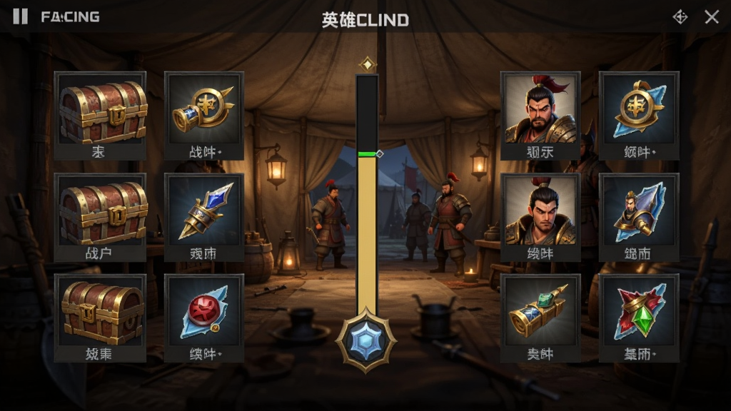 ����չʾӢ��ս��ս����棬��Ļ������һ�������ս��ȼ�����������������ű������佫��Ƭͼ�꣬����Ϊ�Ŵ���Ӫ�����ڲ���ůɫ�ƹ⣬���дʵ���磬����ϸ�壬�ɾ��޶���Ԫ��