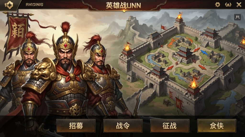 ����������Ӣ��ս����Ϸ�����棬���չʾ��λ�������׵��佫�������Ҳ�Ϊ�ǳع�����ͼ���·�������ļ��ս���ս�ȹ��ܰ�ť��������ù���дʵ���ɫ���԰��������Ϊ����ϸ�ڰ������ġ����̨��������������������������ɾ��޶���Ԫ��