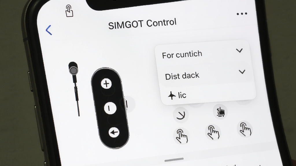 手机屏幕显示“SIMGOT Control”按键自定义设置页面,页面中有耳机线控示意图和手势图标,旁边有下拉菜单选择功能,背景为白色简洁风格,布局上下结构,风格清新明快,细节包括单击、双击、三击标签和功能图标,画质清晰,干净,无多余元素