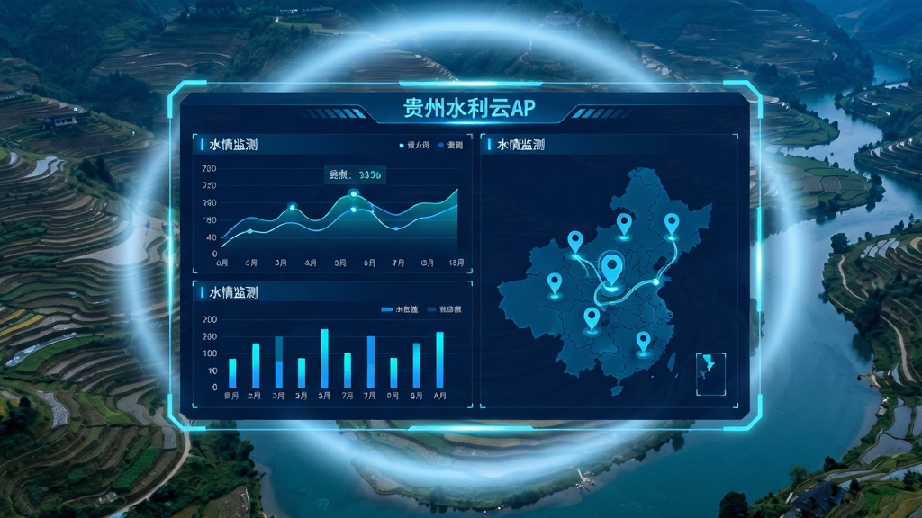 主体为一块悬浮在半空中的透明数据大屏,屏幕上显示贵州水利云APP的水情监测界面,包含折线图、柱状图和地图标记点;布局为大屏居中,背景为贵州山区梯田与河流的俯瞰场景;排版上数据大屏占据画面中心,周围环绕淡蓝色光晕;风格为未来科技感,色调以深蓝和亮青为主;细节包括地图上跳动的数据点、图表上流动的线条、大屏边缘的发光边框;画质为8K超高清,画面干净,无多余元素。