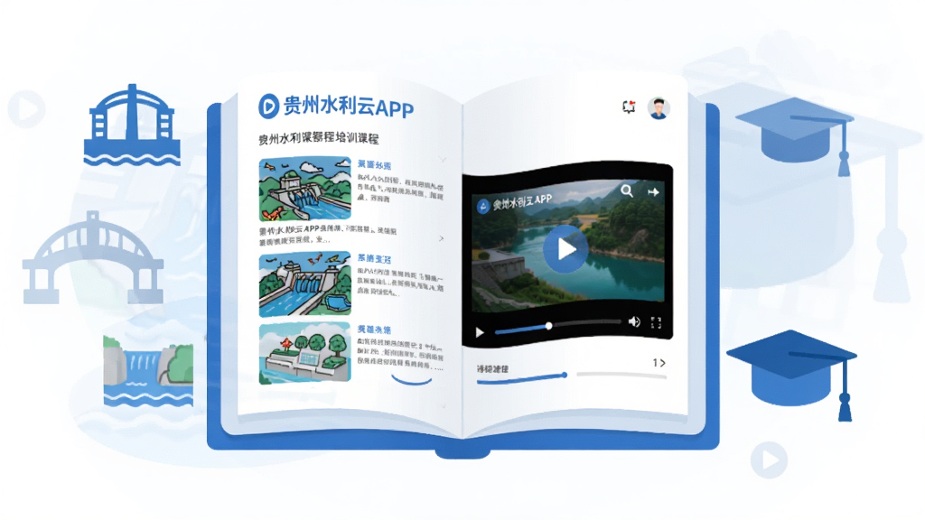 主体为一本翻开的电子书悬浮在画面中央,书页上显示贵州水利云APP的培训课程列表和视频播放界面;布局为电子书居中,左右两侧分别漂浮着水利工程图标和毕业帽图标;排版上电子书占据画面核心位置,图标以半透明形式环绕四周;风格为扁平化插画风格,色调以蓝白为主;细节包括书页上的课程缩略图、播放按钮、进度条;画质为高清矢量风格,画面干净,无多余元素。