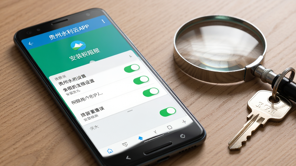 主体为一部安卓手机平放在桌面上,屏幕显示贵州水利云APP的安装权限设置界面,旁边放置一个放大镜和一把钥匙;布局为手机占据画面左侧三分之二,放大镜和钥匙位于右侧;排版上手机屏幕内容清晰展示权限开关列表;风格为写实静物摄影;细节包括手机屏幕上的权限开关绿色高亮、钥匙的金属质感、桌面木纹;画质为4K超高清,画面干净,无多余元素。