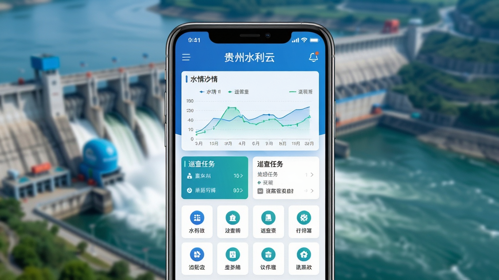 主体为一部智能手机居中放置,手机屏幕显示贵州水利云APP的蓝色系主界面,界面包含水情图表、巡查任务卡片和功能图标网格;布局采用手机正视图搭配背景虚化的水利大坝与河流场景;排版上手机占据画面中央约三分之二区域,屏幕内容清晰可见;风格为现代科技感写实渲染,色调以蓝色和青绿色为主;细节包括手机边缘的高光反射、屏幕内数据图表的精细线条、背景水流的动态模糊;画质为4K超高清,画面干净,无多余元素。