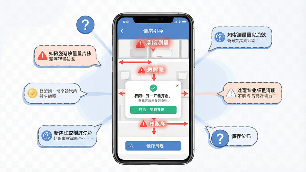 一张展示知户型专业版新手操作界面的图片,主体为手机屏幕中显示的量房引导步骤与红色警示标注,布局为手机居中,周围环绕问号与提示气泡元素,排版采用中心发散式,风格为扁平化插画,细节包括墙体测量顺序箭头、权限开启提示弹窗与缓存清理按钮,画质清晰,画面干净整洁
