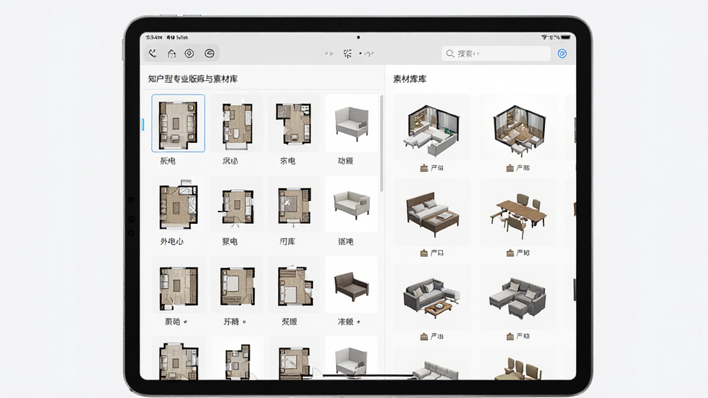 一张展示知户型专业版户型库与素材库界面的图片,主体为平板电脑屏幕中显示的网格状户型图列表与3D家具模型预览,布局为左侧户型列表右侧模型展示,排版采用分栏式,风格为简洁商务,细节包括户型缩略图、家具模型图标与搜索框,画质高清,画面干净整洁