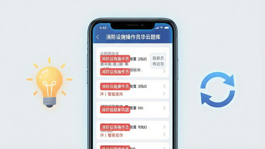 一张表现“智能错题巩固”功能的AI生成图,画面中央为一部手机屏幕,屏幕内显示“消防设施操作员华云题库”的错题本界面,界面中错题以红色标记排列,旁边有一个发光的灯泡图标和循环箭头图标,表示智能推荐与反复练习,布局上手机居中,灯泡与箭头分列两侧,风格为科技感扁平风,细节上屏幕带有微光效果,画质清晰,背景为浅灰色干净无杂乱元素