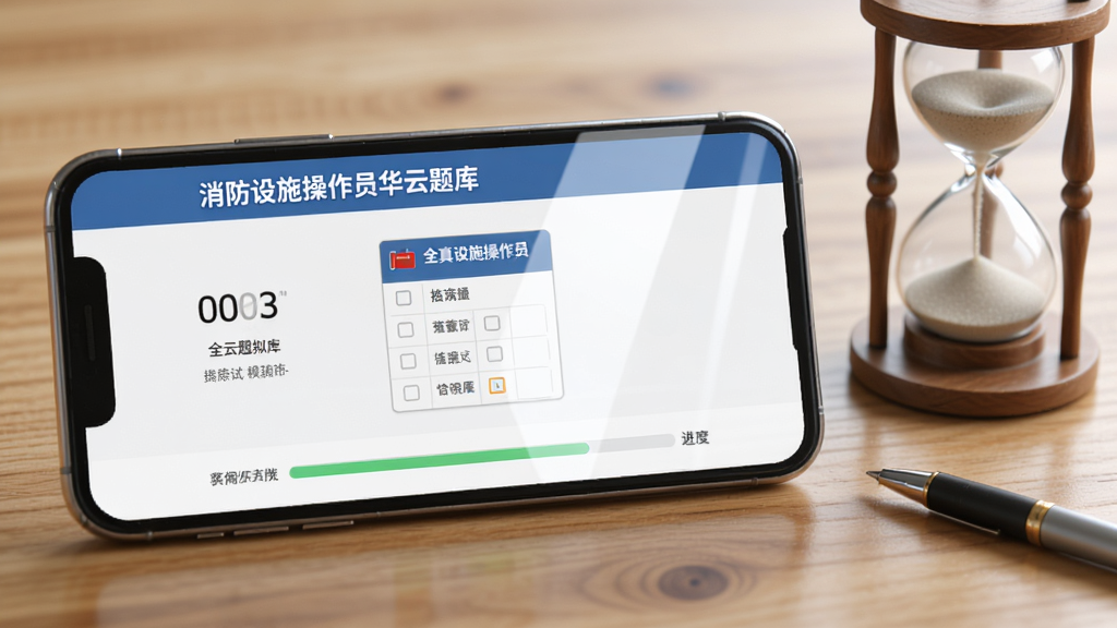 一张表现“全真模拟考试”场景的AI生成图,画面主体为一部横屏手机放置在桌面上,手机屏幕内显示“消防设施操作员华云题库”模拟考试界面,界面包含计时器、答题卡、进度条等元素,手机旁边放置一个沙漏和一支笔,布局上手机居中偏左,沙漏与笔在右侧,风格为写实简约风,细节上屏幕反射柔和光线,画质高清,背景为木质桌面干净无多余元素