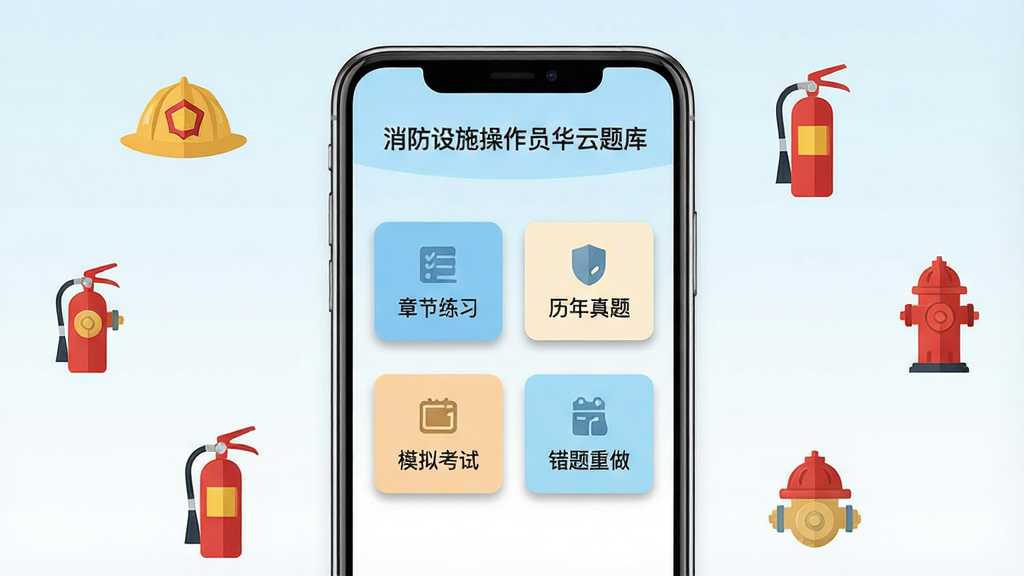 一张简洁明亮的手机应用界面展示图,画面中央放置一部竖屏智能手机,手机屏幕内显示“消防设施操作员华云题库”应用首页,首页包含章节练习、历年真题、模拟考试、错题重做四个功能入口按钮,按钮采用扁平化设计,背景为淡蓝色与白色渐变,手机周围散布消防头盔、灭火器、消防栓等扁平化小图标作为点缀,整体布局居中对称,风格清新简洁,细节上按钮带有轻微阴影,画质清晰明亮,背景干净无杂乱元素