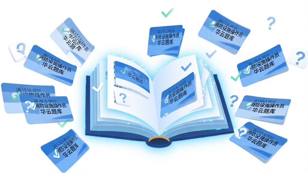 一张表现“海量题库资源”概念的AI生成图,画面主体为一本打开的厚重电子书悬浮在中央,书页中不断飞出带有对勾和问号的答题卡片,卡片上隐约可见“消防设施操作员华云题库”字样,卡片呈扇形向四周扩散,布局上书本居中,卡片环绕四周,风格为扁平插画风,细节上书页边缘有淡蓝色光晕,卡片颜色以蓝白为主,画质高清,背景为纯白干净无多余元素