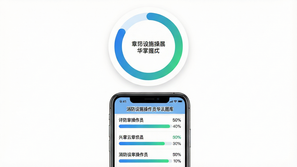 一张表现“章节练习模式”的AI生成图,画面中央为一部手机,屏幕内显示“消防设施操作员华云题库”章节列表界面,每个章节名称旁带有进度条和百分比数字,手机上方悬浮一个环形图表显示掌握度,布局上手机居中,环形图在正上方,风格为清新扁平风,细节上进度条为蓝绿渐变色,画质清晰,背景为白色干净无多余元素