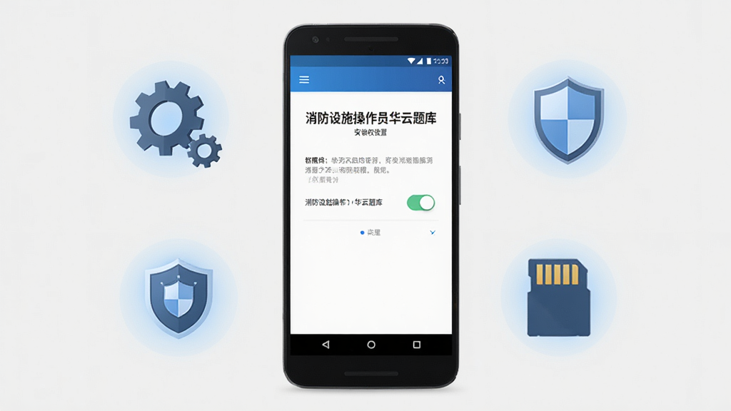 一张表现“移动端使用指南”的AI生成图,画面中央为一部安卓手机,手机屏幕内显示“消防设施操作员华云题库”的安装权限设置界面,界面中有开关按钮和提示文字,手机旁边漂浮着齿轮图标、盾牌图标和存储卡图标,布局上手机居中,图标环绕四周,风格为扁平科技风,细节上图标带有淡蓝色光晕,画质清晰,背景为浅灰色干净无多余元素