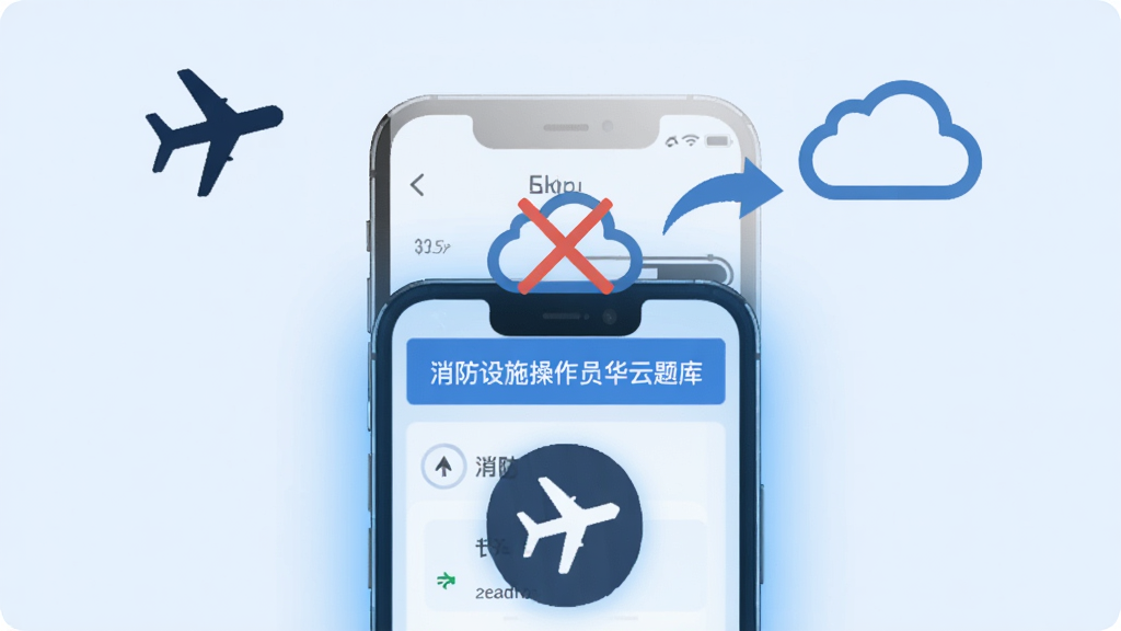 一张表现“离线刷题支持”功能的AI生成图,画面主体为一部手机处于飞行模式图标下方,手机屏幕内显示“消防设施操作员华云题库”做题界面,屏幕上方有一个云朵图标带斜杠表示离线,旁边有同步箭头指向云端,布局上手机居中,飞行模式图标在左上角,云朵图标在右上角,风格为科技扁平风,细节上手机屏幕散发柔和蓝光,画质清晰,背景为浅蓝色干净无多余元素