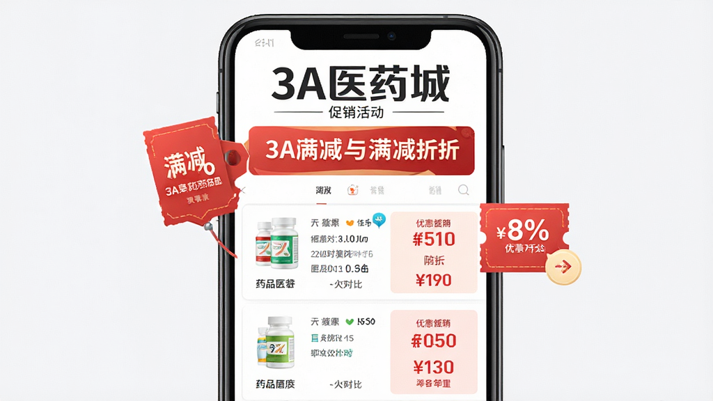 一张“3A医药城”促销活动页面示意图,主体为手机屏幕显示满减标签与折扣横幅,布局上方为活动标题,中部为药品列表与价格对比,排版紧凑,风格为电商促销风,细节包含红色优惠券与百分比折扣图标,画质高清,干净整洁,无多余元素。