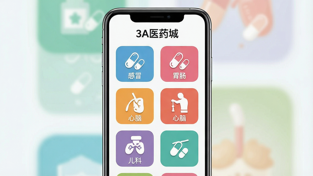 一张“3A医药城”分类导航界面示意图,主体为手机屏幕内多个彩色分类图标,布局呈网格状排列,排版整齐,风格为清新扁平化,细节包含感冒、胃肠、心脑、儿科等文字标签与药丸图标,画质高清,画面干净,无多余元素。